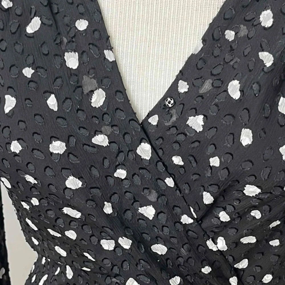 Rebecca Taylor Black Polka Dot Long‎ Sleeve V Neck Silk Faux Wrap Dress Size 4